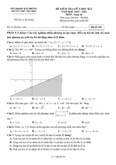 Đề thi Giữa kì 1 Toán 10 năm 2025-2026 trường THPT Nhị Chiểu (Hải Phòng)